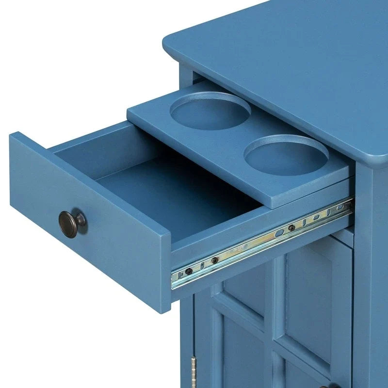 Table d’appoint classique vintage multifonction étroite avec ports USB, 1 tiroir et porte-gobelets, pour canapé