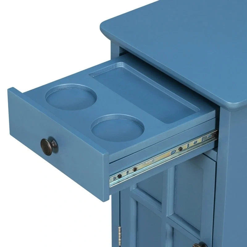 Table d’appoint classique vintage multifonction étroite avec ports USB, 1 tiroir et porte-gobelets, pour canapé