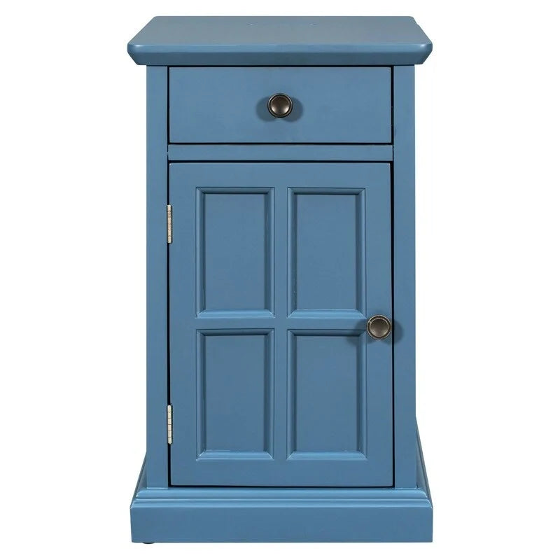 Table d’appoint classique vintage multifonction étroite avec ports USB, 1 tiroir et porte-gobelets, pour canapé