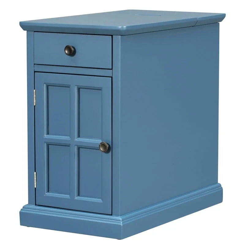 Table d’appoint classique vintage multifonction étroite avec ports USB, 1 tiroir et porte-gobelets, pour canapé