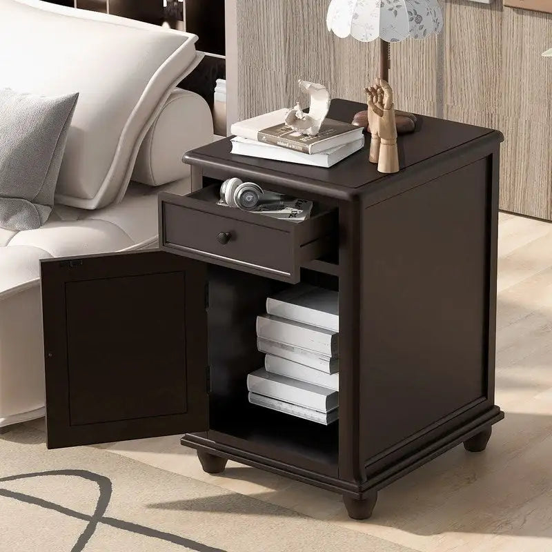 Table d’appoint classique vintage multifonction étroite avec ports USB, 1 tiroir et porte-gobelets, pour canapé