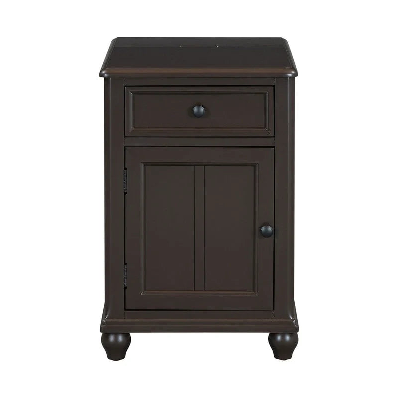 Table d’appoint classique vintage multifonction étroite avec ports USB, 1 tiroir et porte-gobelets, pour canapé