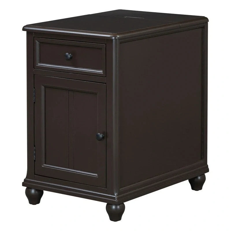 Table d’appoint classique vintage multifonction étroite avec ports USB, 1 tiroir et porte-gobelets, pour canapé