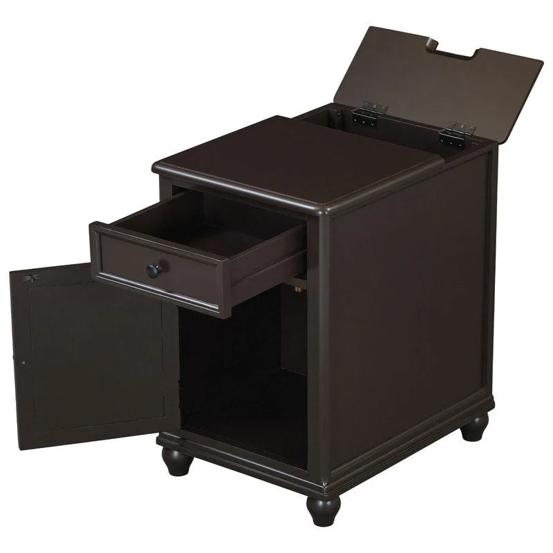 Table d’appoint classique vintage multifonction étroite avec ports USB, 1 tiroir et porte-gobelets, pour canapé