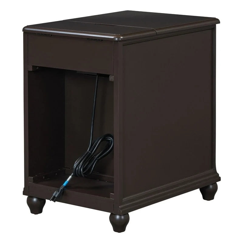 Table d’appoint classique vintage multifonction étroite avec ports USB, 1 tiroir et porte-gobelets, pour canapé