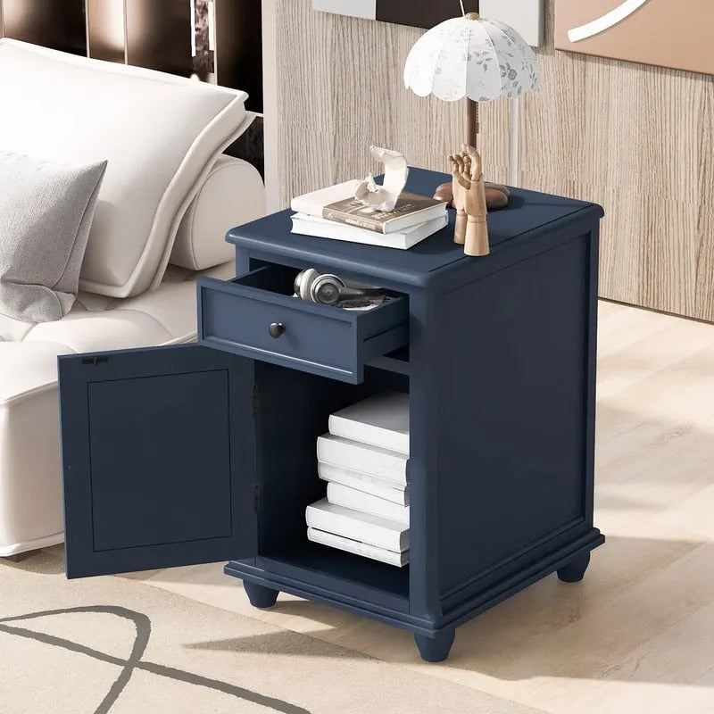 Mesa auxiliar estrecha, multifuncional y de estilo clásico vintage, con puertos USB, 1 cajón y portavasos, para el lado del sofá
