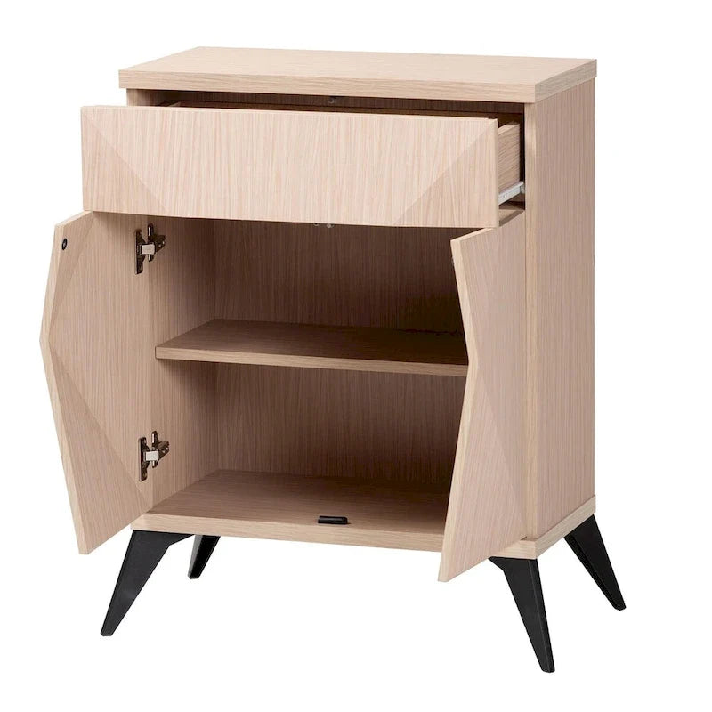 Aparador buffet de madera de dos puertas, moderno de mediados de siglo, en dos tonos marrón claro y negro