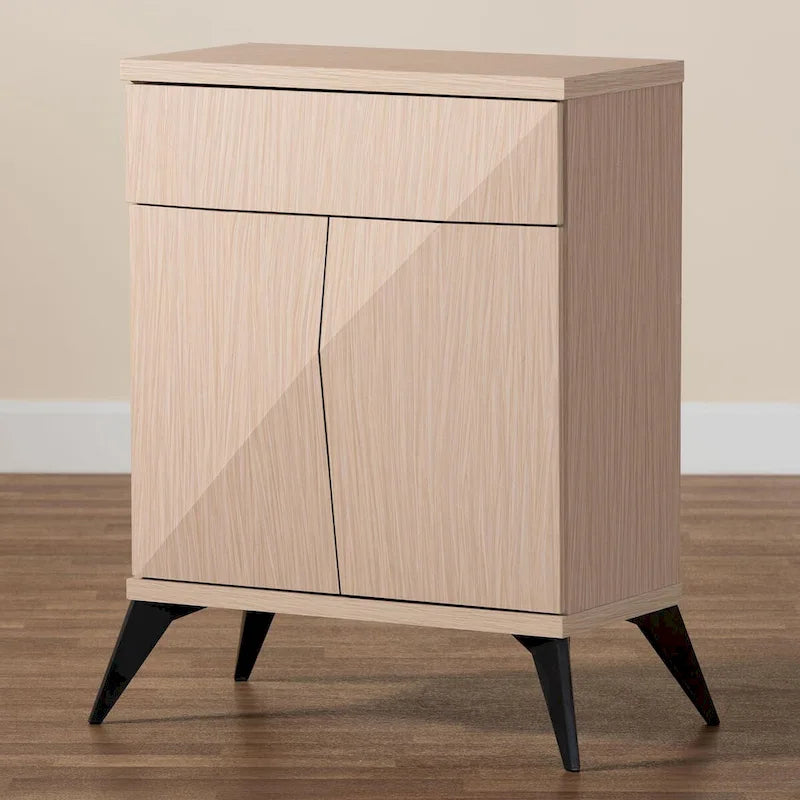 Buffet deux portes en bois bicolore brun clair et noir, style moderne du milieu du siècle