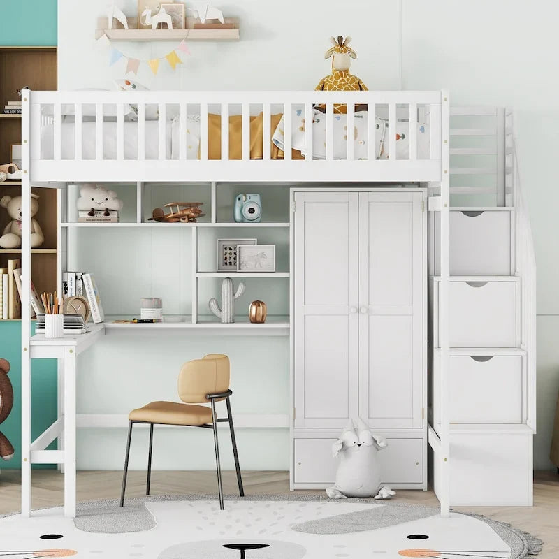 Cama alta tamaño matrimonial con escalera, armario, escritorio, estantería y cajones