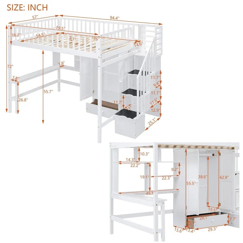 Hochbett für Full-Matratzen mit Treppe, Kleiderschrank, Schreibtisch, Bücherregal und Schubladen