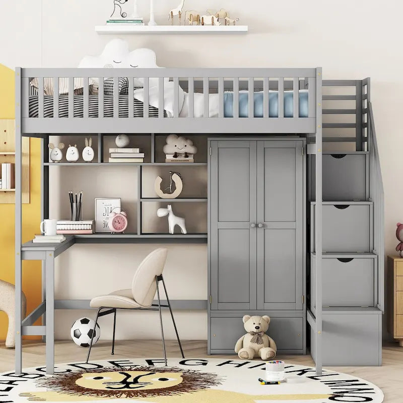 Hochbett für Full-Matratzen mit Treppe, Kleiderschrank, Schreibtisch, Bücherregal und Schubladen