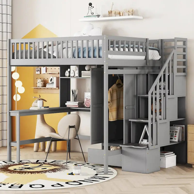 Hochbett für Full-Matratzen mit Treppe, Kleiderschrank, Schreibtisch, Bücherregal und Schubladen