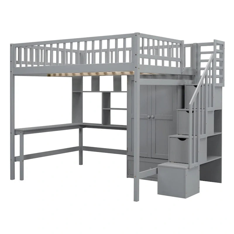 Hochbett für Full-Matratzen mit Treppe, Kleiderschrank, Schreibtisch, Bücherregal und Schubladen