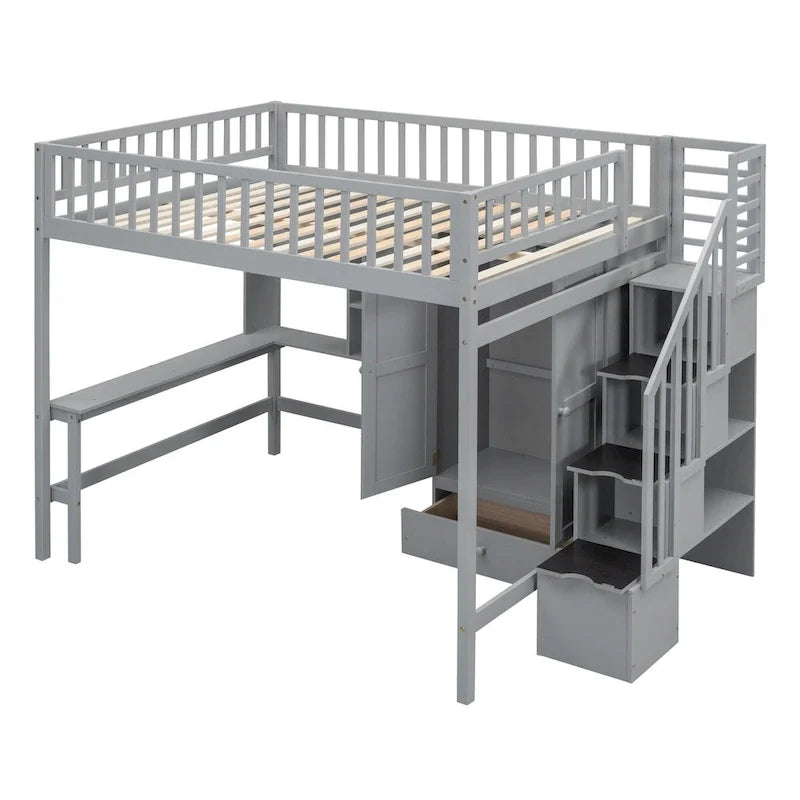 Hochbett für Full-Matratzen mit Treppe, Kleiderschrank, Schreibtisch, Bücherregal und Schubladen