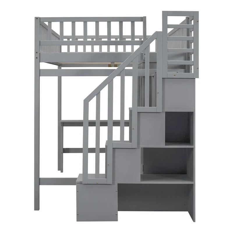 Hochbett für Full-Matratzen mit Treppe, Kleiderschrank, Schreibtisch, Bücherregal und Schubladen
