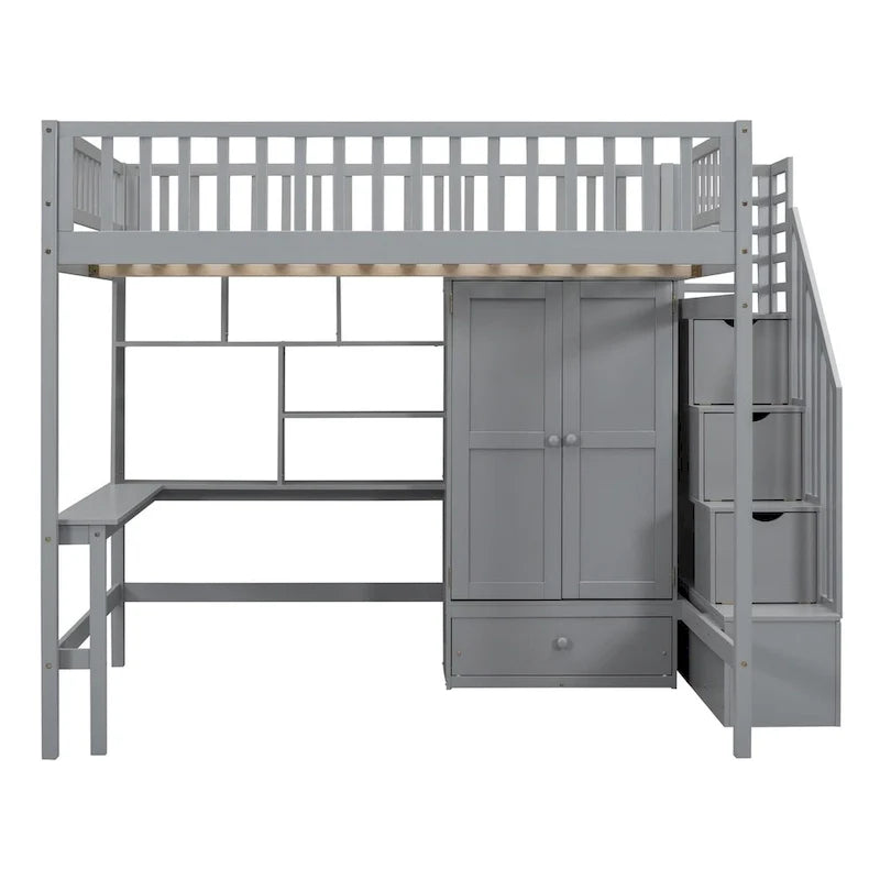 Hochbett für Full-Matratzen mit Treppe, Kleiderschrank, Schreibtisch, Bücherregal und Schubladen
