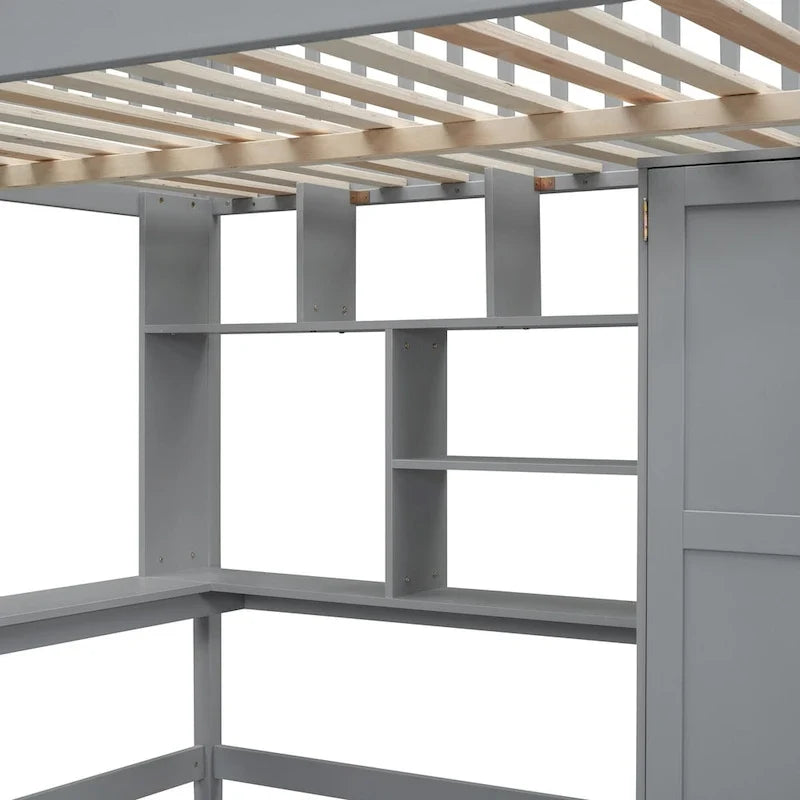 Hochbett für Full-Matratzen mit Treppe, Kleiderschrank, Schreibtisch, Bücherregal und Schubladen