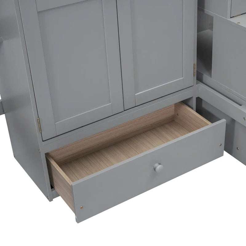 Hochbett für Full-Matratzen mit Treppe, Kleiderschrank, Schreibtisch, Bücherregal und Schubladen