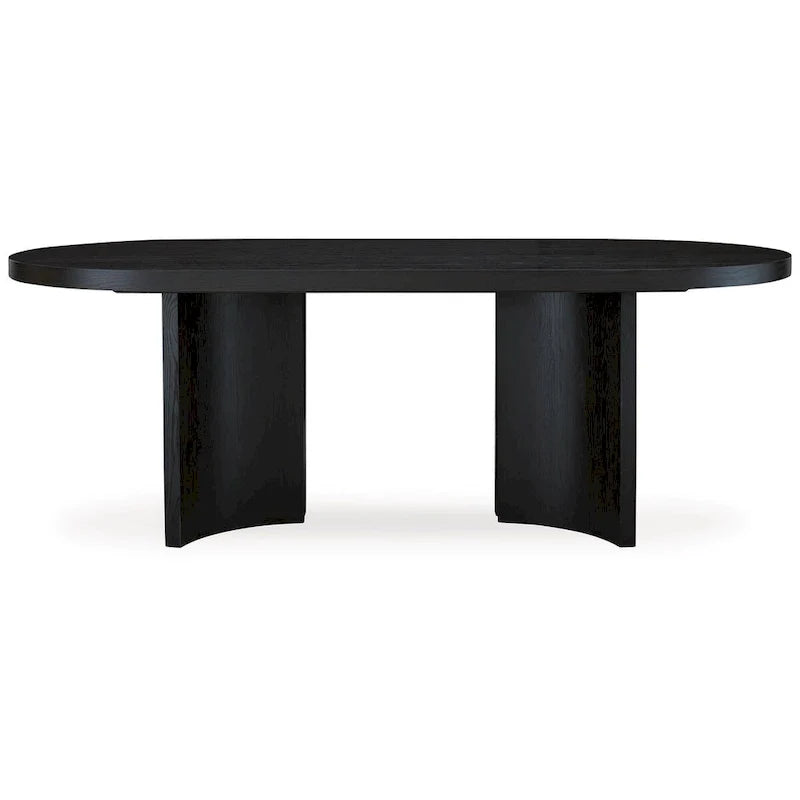 Mesa de comedor de 86 pulgadas, tablero ovalado, base de pedestal, curvada, acabado negro