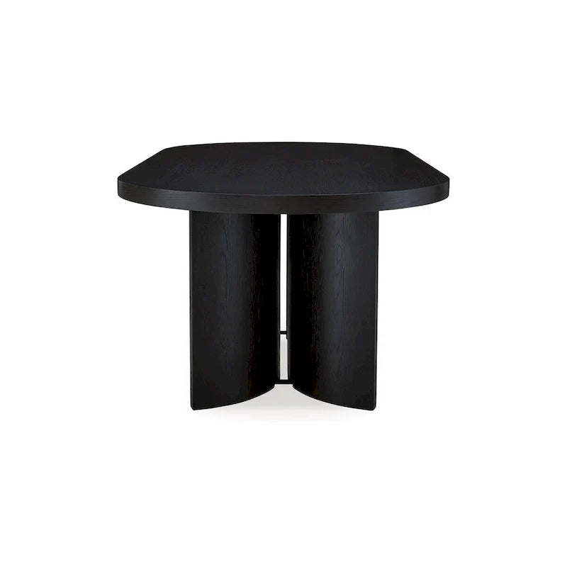 Mesa de comedor de 86 pulgadas, tablero ovalado, base de pedestal, curvada, acabado negro
