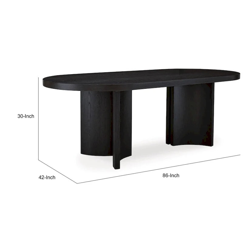 Mesa de comedor de 86 pulgadas, tablero ovalado, base de pedestal, curvada, acabado negro