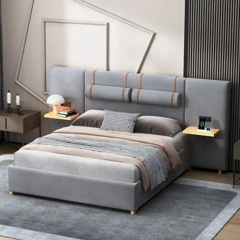 Cama de plataforma tapizada de lujo moderna