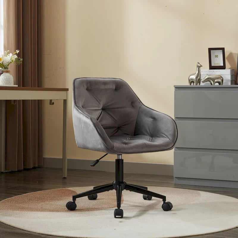 Chaise de bureau pivotante en velours gris capitonné