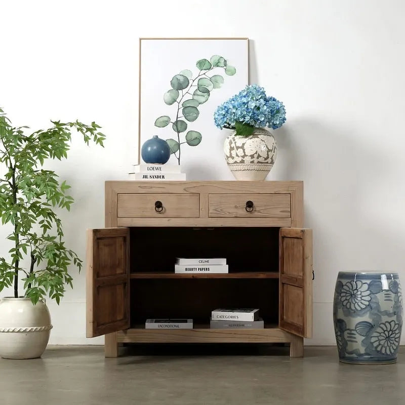 Schrank mit zwei Schubladen, naturbelassenes Massivkiefernholz im Used-Look